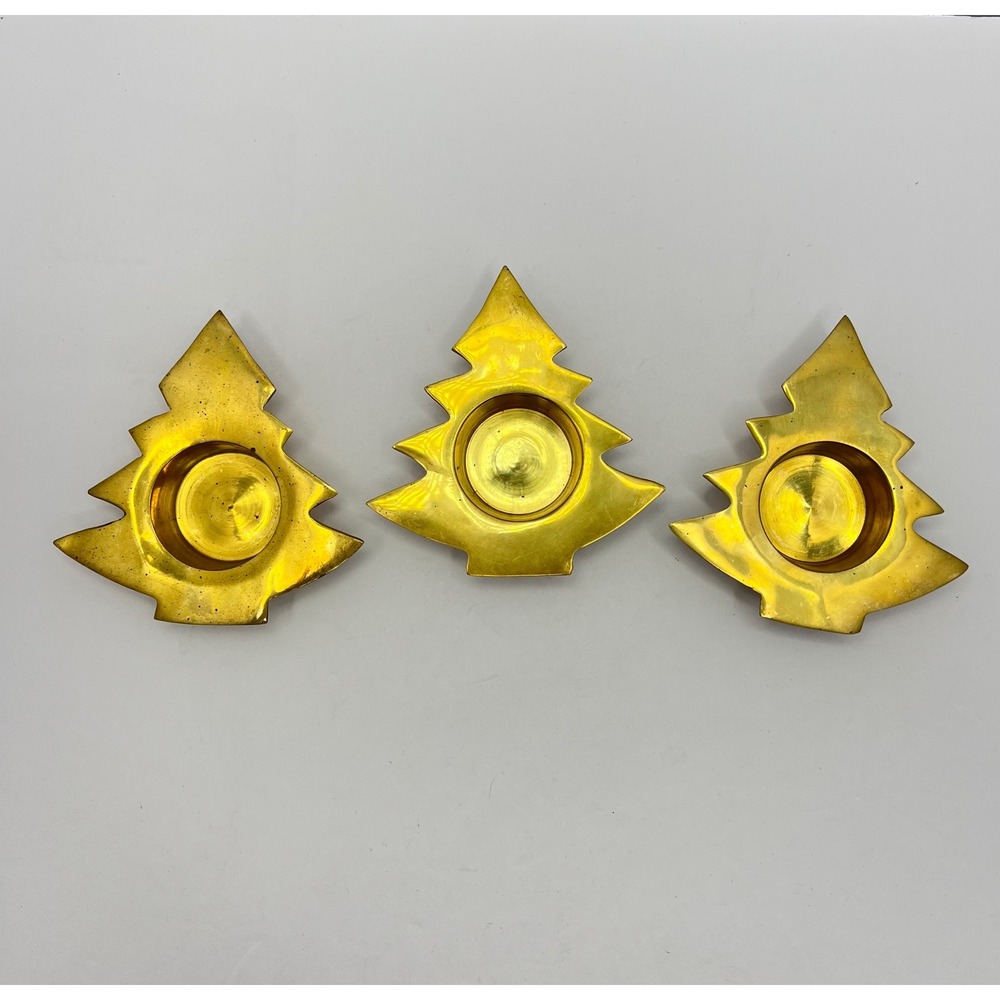Vintage Brass Christmas Tree Tea Light Set of 3 Holiday Decor Geometric Boho MCM